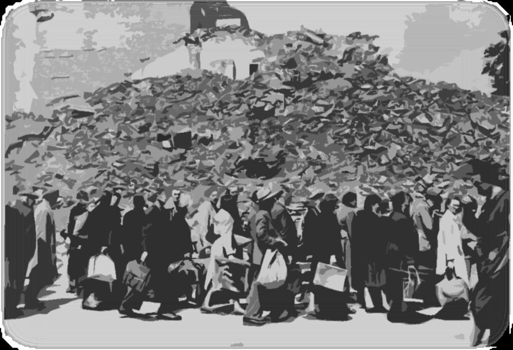 Delwedd raddlwyd sy'n dangos pentwr mawr o rwbel a malurion yn y cefndir. Yn y blaendir, mae grŵp o bobl yn cerdded, yn cario bagiau ac eiddo amrywiol. / A grayscale image showing a large pile of rubble and debris in the background. In the foreground, a group of people are walking, carrying various bags and belongings.
